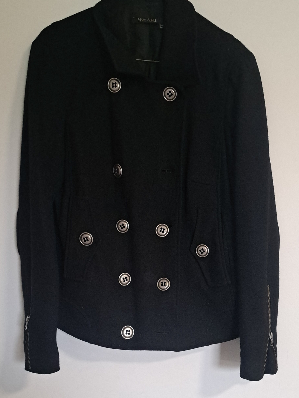 Marc AUREL  Black Double-Breasted Pea Coat with Contrast Buttons